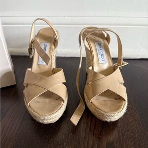 Jimmy Choo Nude Patent Leather Phoenix Wedge Sandals Size 38